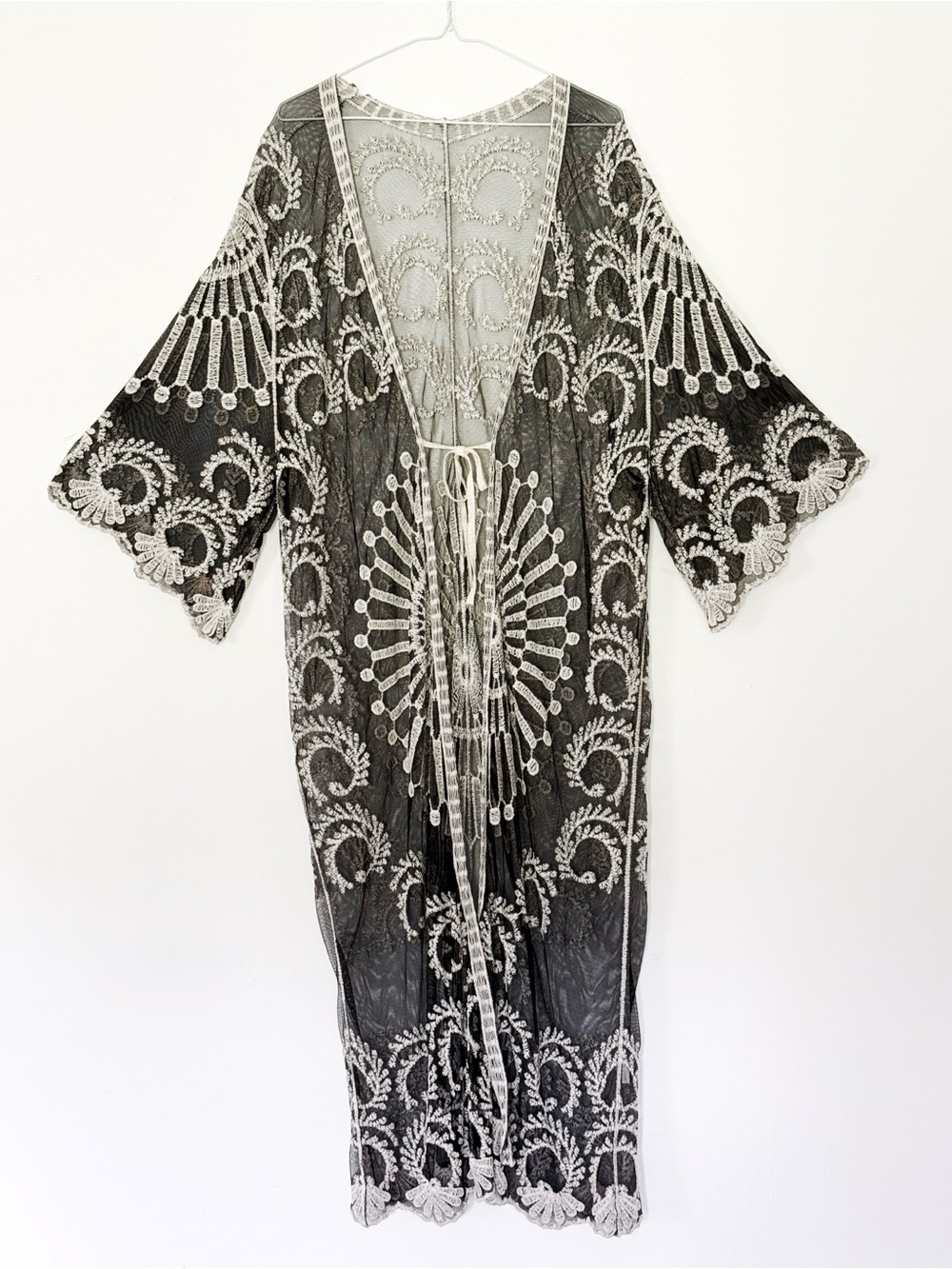 Woman Black Mesh Lace Embroidered Long Kimono Duster ONE SIZE Boho Folk Beach